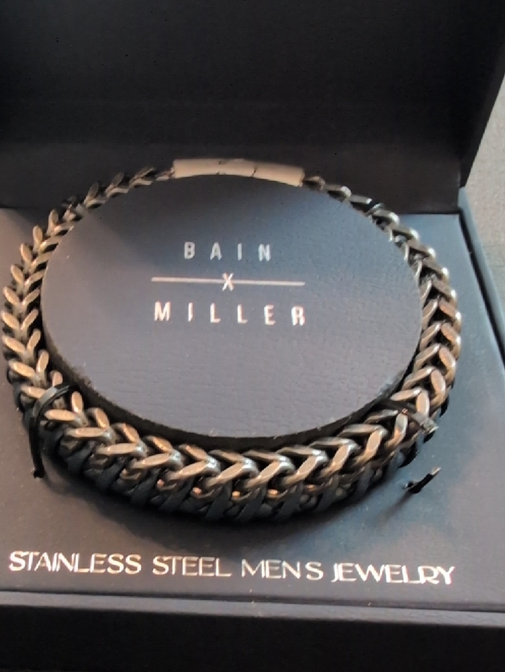 Bain x Miller Stainless Steel Braided Bracelet - Black & Gunmetal, Blue Leather - Picture 2 of 6